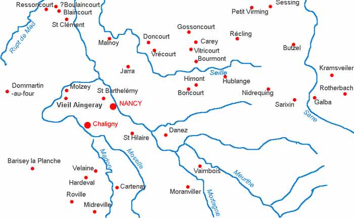 Villages de la Meurthe détruits pendant la Guerre de Trente Ans. Nancy et Chaligny sont indiqués pour faciliter le repérage. (JPG)